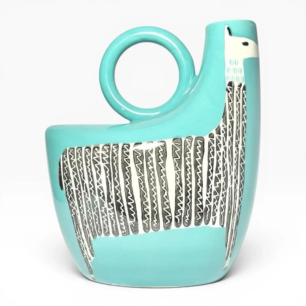 West Elm Ceramic Turquoise “Llama” Handled Pitcher Jug 8 1/4” 28oz